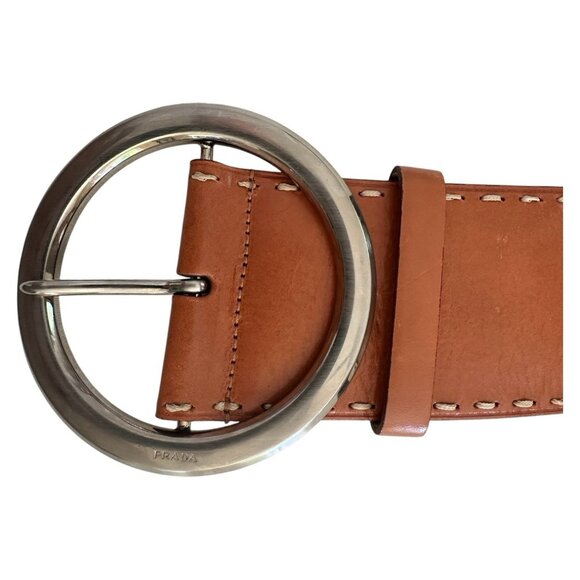 PRADA Belt Women 36 EU 90 Wide Leather Brass Round Buckle Hippie Statement Italy - Picture 13 of 16
